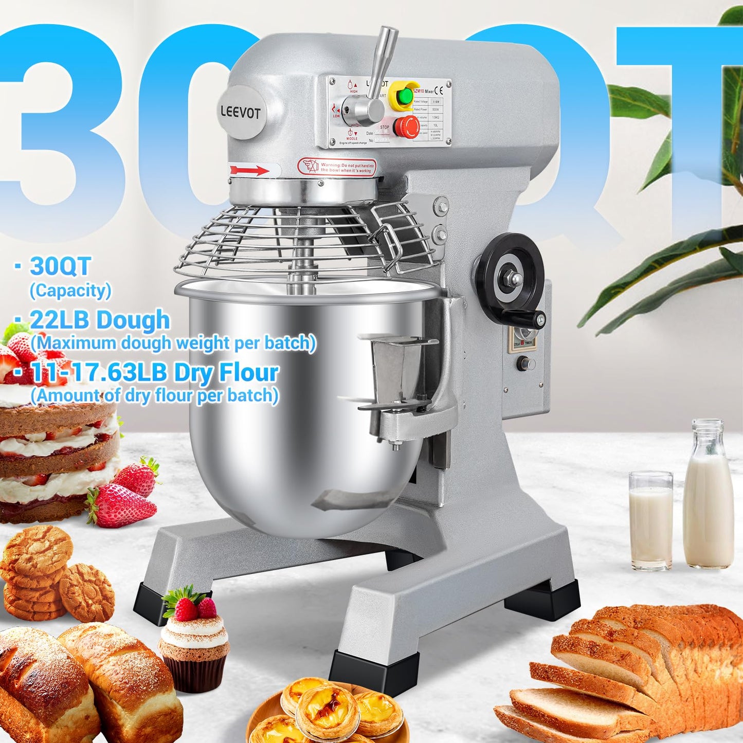 LEEVOT 30 Qt 1250W Commercial Food Mixer, Commercial mixer 3 Speeds Adjustable Heavy Duty Stand Mixer with Stainless Steel Bowl for Bakery Pizzeria.