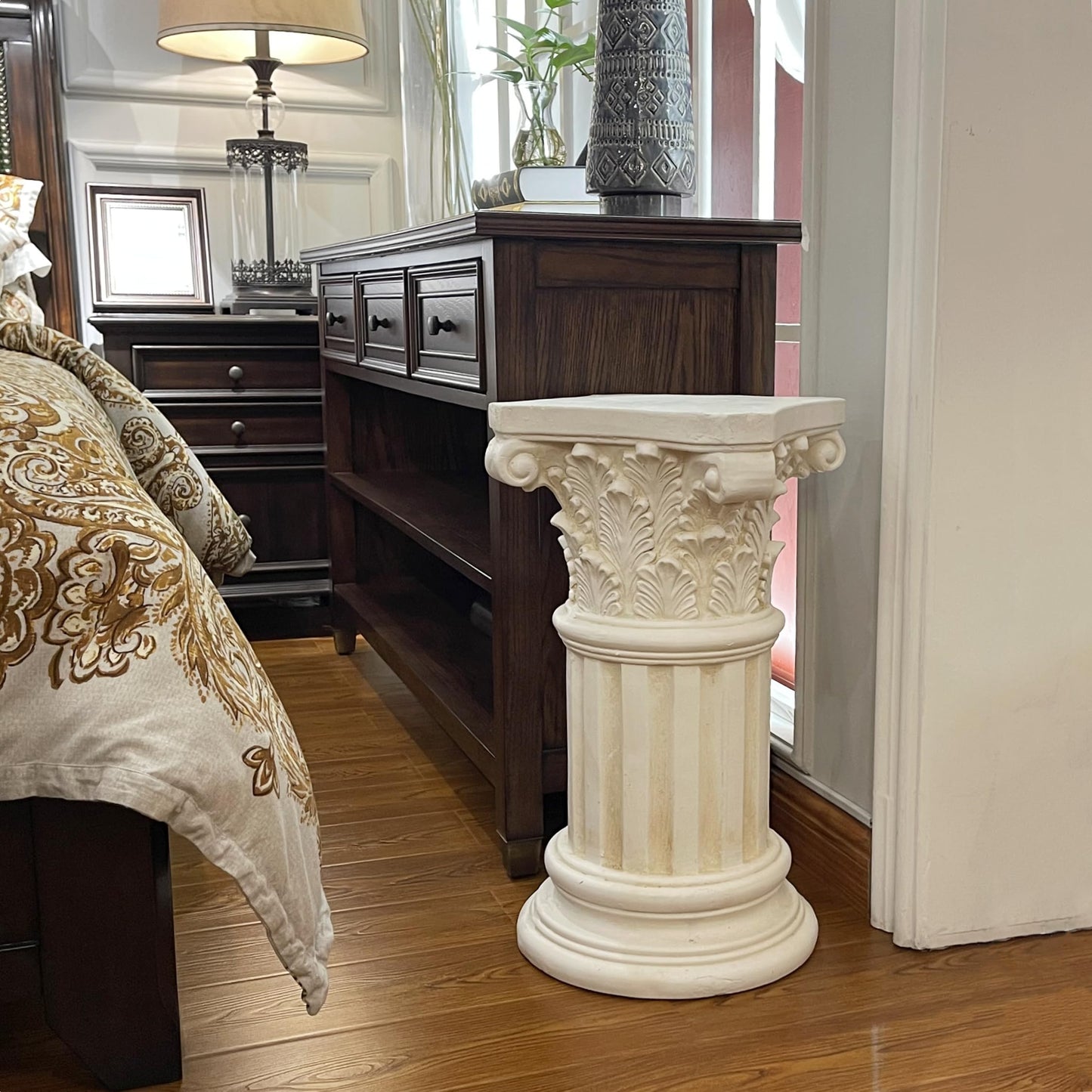 Exquisite Magnesium Oxide Corinthian Greek Column Pillar with Stand Base Pedestal for Indoor Outdoor Garden Backyard Courtyard Patio Office Decor23.9’’High,White
