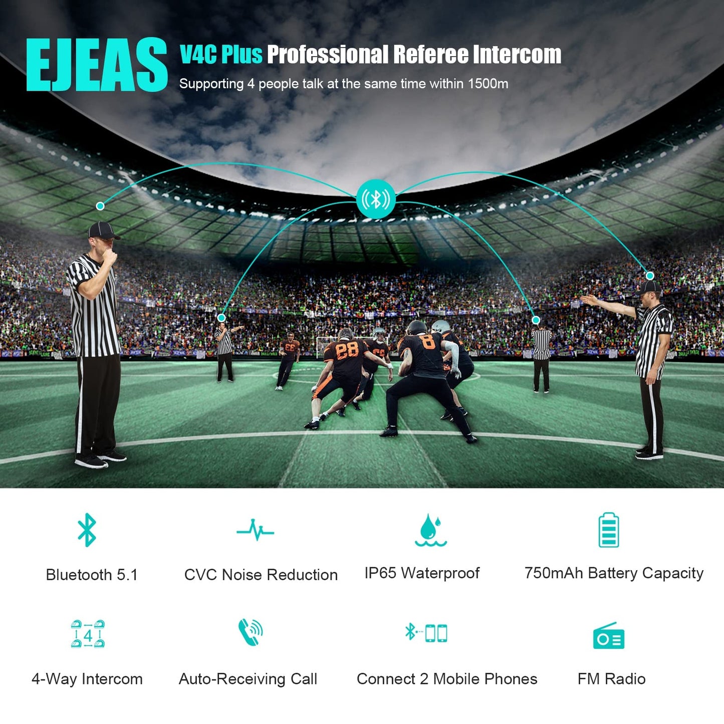 EJEAS V4C Plus Professional Referee Intercom, Bluetooth 5.1 Referee Communication System with FM Radio Function for Football and Handball Sports, Support 2 to 4 People Group Talking (2 Pack)