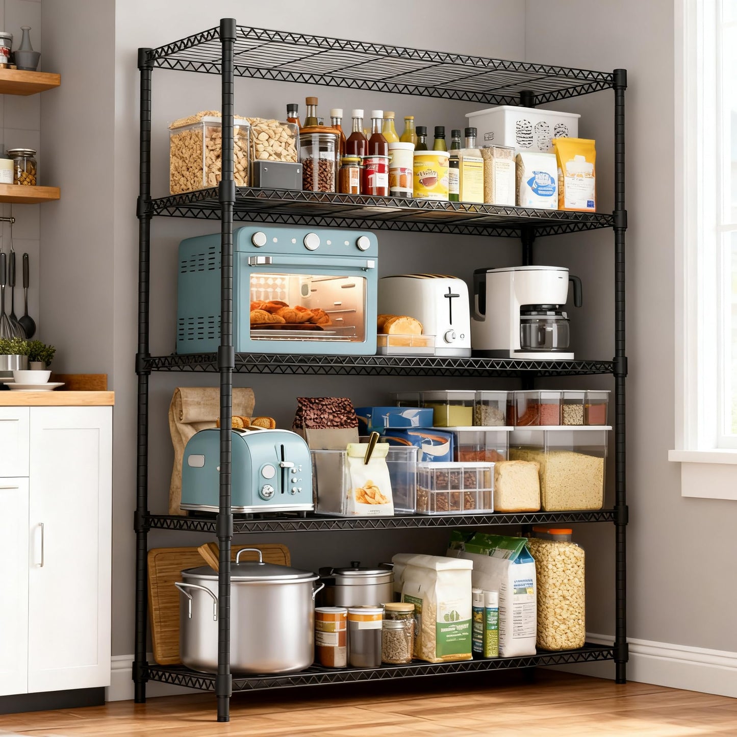 M MZG 1750LBS 47.2" W 5 Tiers Shelf Steel Storage Shelves Shelving Unit Steel Organizer Wire Rack for Home,Kitchen,Office,Garage Black 17.7" D x 47.2" W x 72.4" H