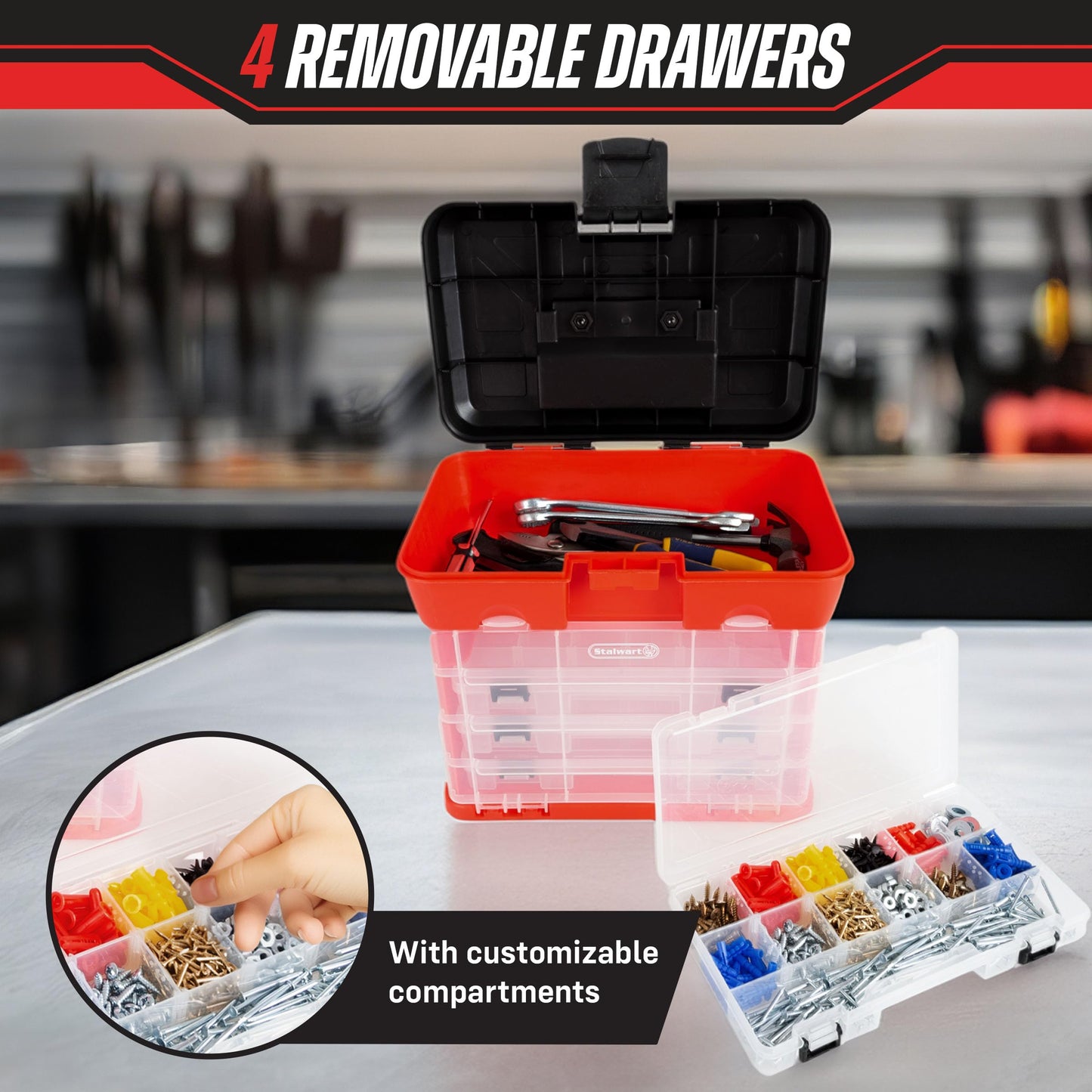 Small Parts Organizer Box - 11-Inch Portable Storage Case with 4 Removable Multi-Compartment Trays for Screws, Beads, Small Fishing Tackle, Hardware, and Craft Supplies by Stalwart (Red)