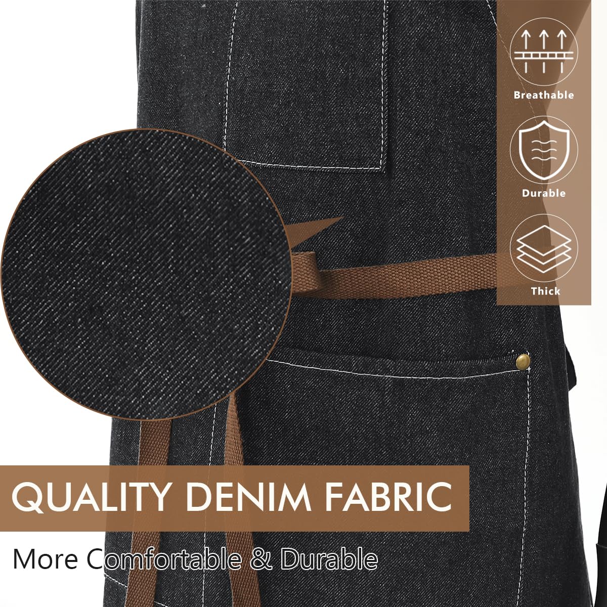 ROTANET Denim Work Apron with 3 Pockets Jean Shop Aprons for Chef Hairstylist Kitchen Woodworking for Men Women Black