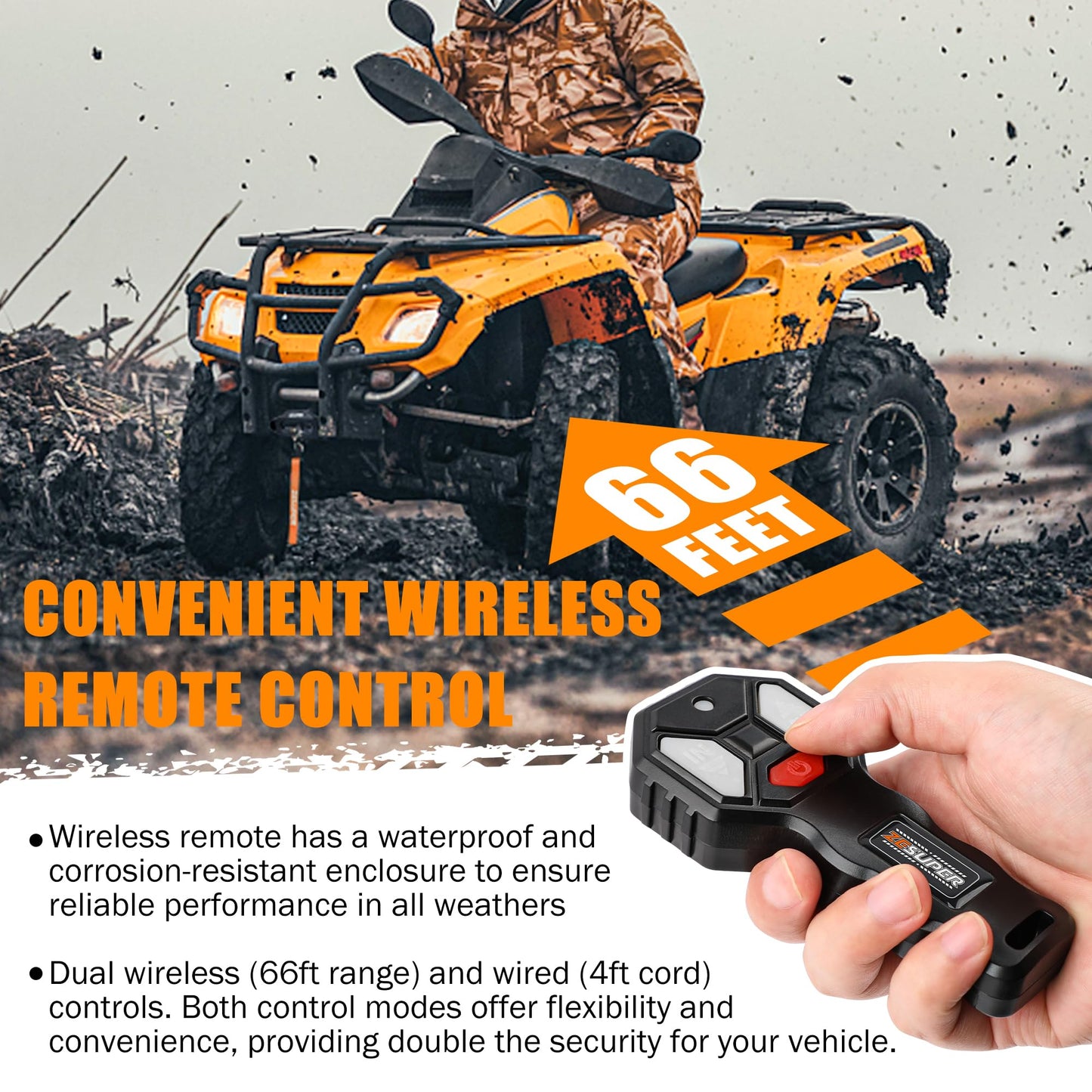 ZESUPER 4500 lb Winch Waterproof IP67 Electric Winch with Wireless Remote Synthetic Winch Rope Hawse Fairlead Handheld Remote ATV UTV Winches 12V Portable Power Winch