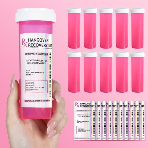 Chug Buddy Set of 10 Large Pink Pill Bottles for DIY Hangover Kits – Empty Bottles for Hangover Kit Supplies, Valentines Day Gifts, Bachelorette Party Favors, 21st Birthday & Bridesmaids Gifts