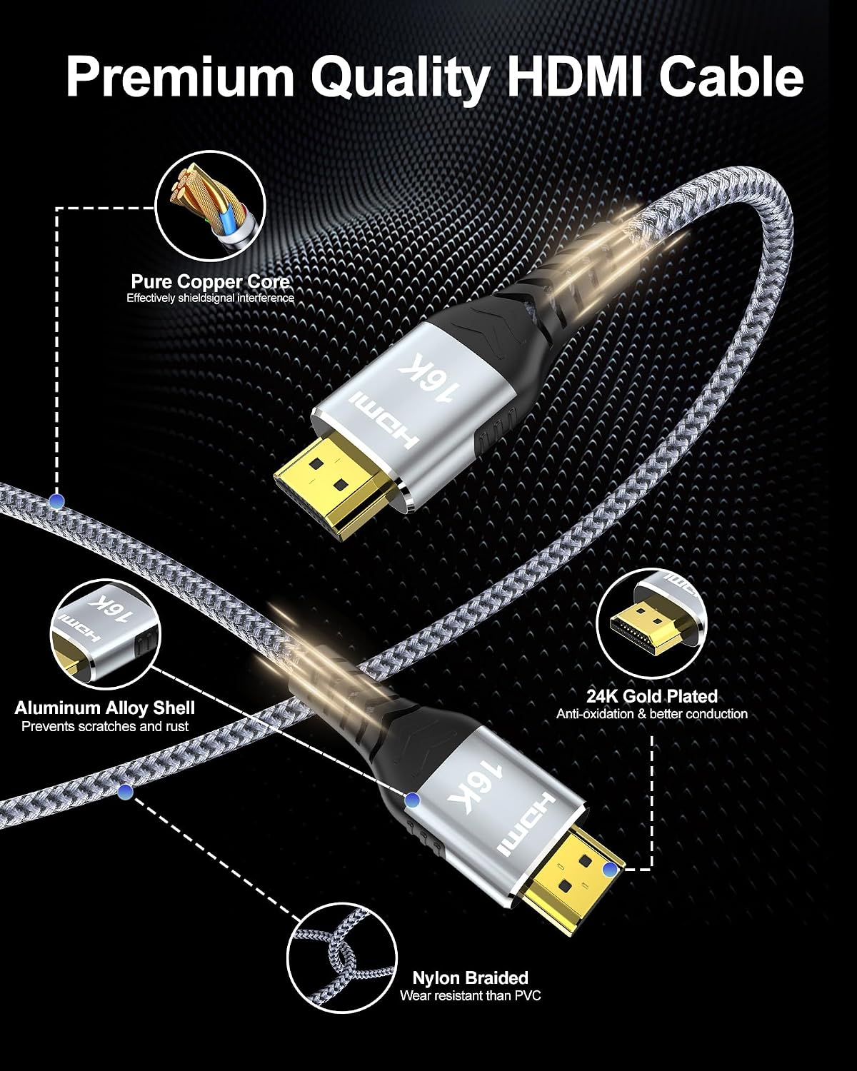 16K 10K 8K 2.2 10FT, 96Gbps 16@60Hz 8K@240Hz 4K@480Hz 2.2 2.3, P5S HDMI Cable Ultra High Speed Braided HDMI Cord, HDCP