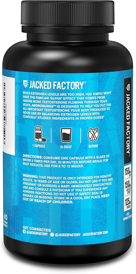 Jacked Factory Androsurge Estrogen Blocker for Men - Natural Testosterone Booster for Men & Estrogen Metabolizer with Tongkat Ali, DIM, Long Jack & More - Test Booster & Muscle Builder - 120 Count