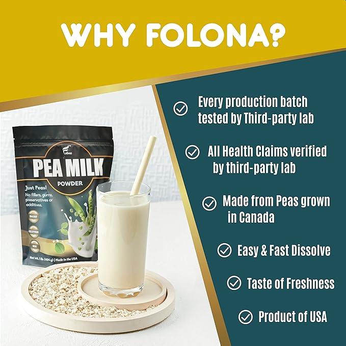 Folona Unsweetened Pea Milk Powder, Sugar Free Non-dairy Coffee Creamer. Perfect for Tea, Smothie, and Cooking - Vegan, Keto, Paleo Friendly - 1lb Plant Based Milk With 7.2 g Pea Protein Per Serving, Shelf Stable. Free of GMOs, Soy, Nut, Gluten, Lactose