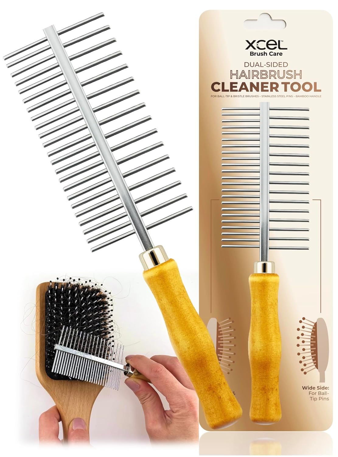 XCEL 2-in-1 Hair Brush Cleaner Tool - Dual-Sided Remover Comb for Paddle & Detangling Brushes