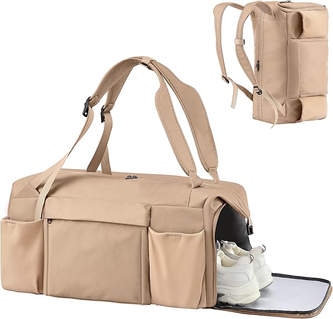 Gym Bag for Men with Shoes Compartment and Wet Pocket Convertible Duffle Bag and Gym Backpack Waterproof Sports Bag with 2 Bottle Holders Weekender Overnight Bag - Khaki