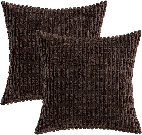 MIULEE Corduroy Throw Pillow Covers - Soft Boho Striped Design | 16x16 Inch Dark Brown for Modern Home Decor