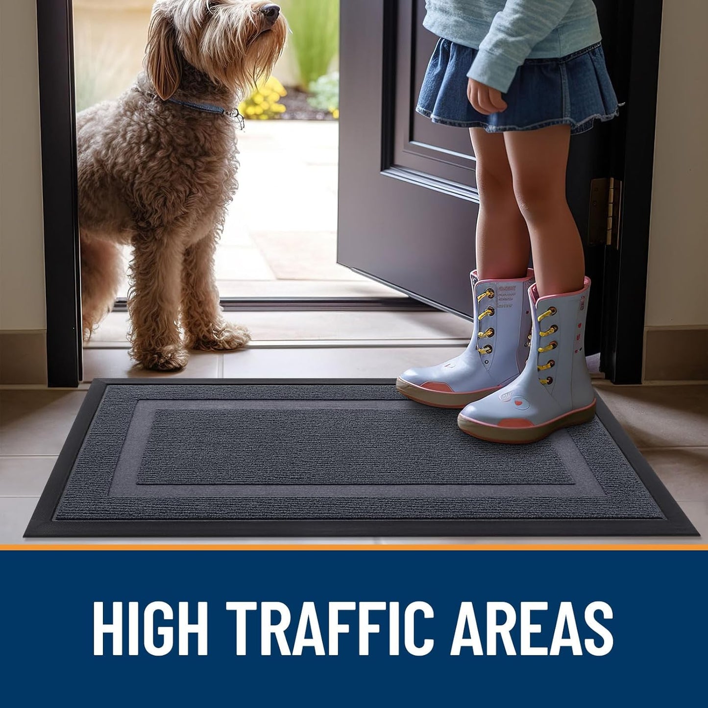 OLANLY Waterproof Front Door Mat - All-Season Indoor/Outdoor Doormat, Sturdy Natural Rubber, 71x47, Light Grey