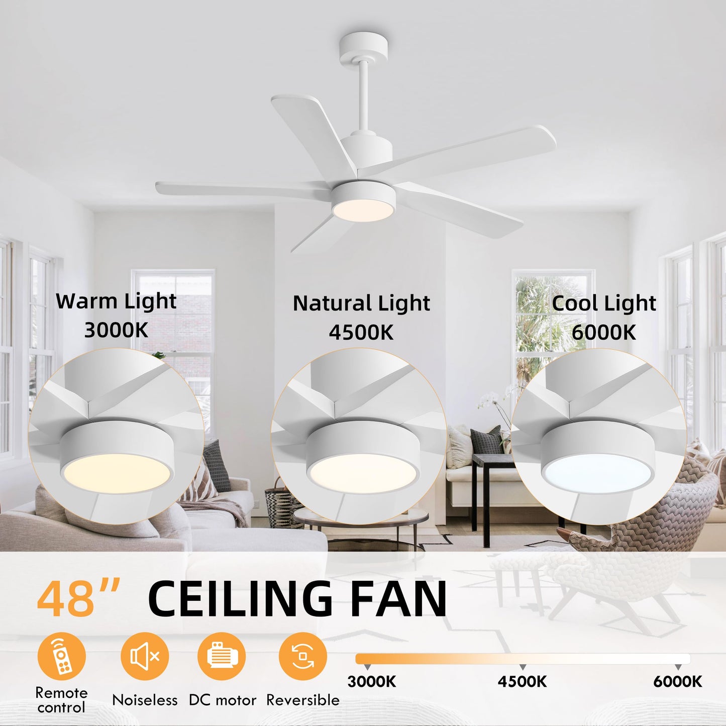 WINGBO 48 Inch DC Ceiling Fan with Lights and Remote Control, 5 Carved Solid Wood Blades, 6-Speed Noiseless Reversible DC Motor, Indoor Ceiling Fan in Gloss White Finish with White Blades