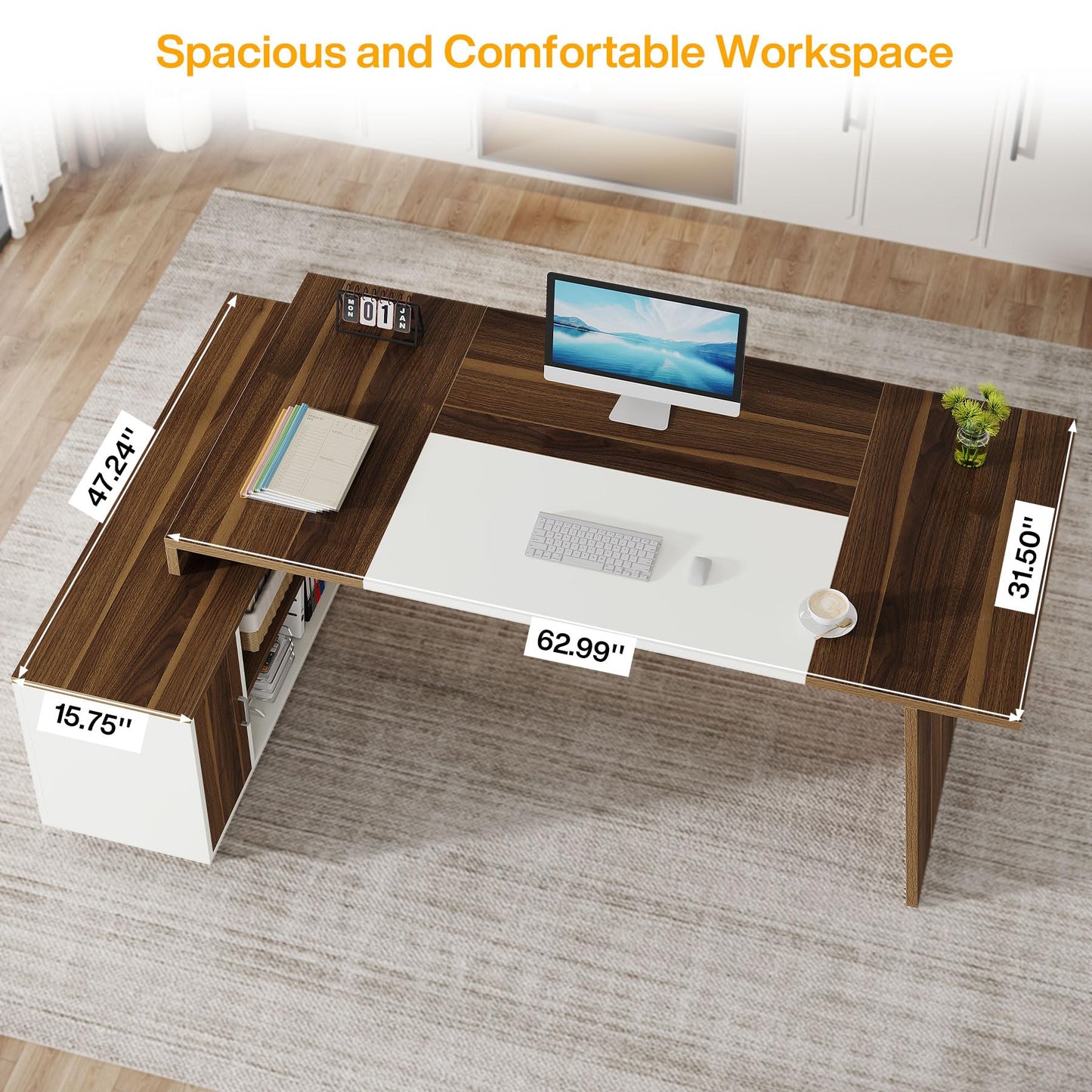 Tribesigns L-Shaped Executive Office Desk, 70.5-Inch Mid-Century Modern Executive Desk with Storage Cabinet and Shelves, Large Computer Desk for Home Office, Brown + White