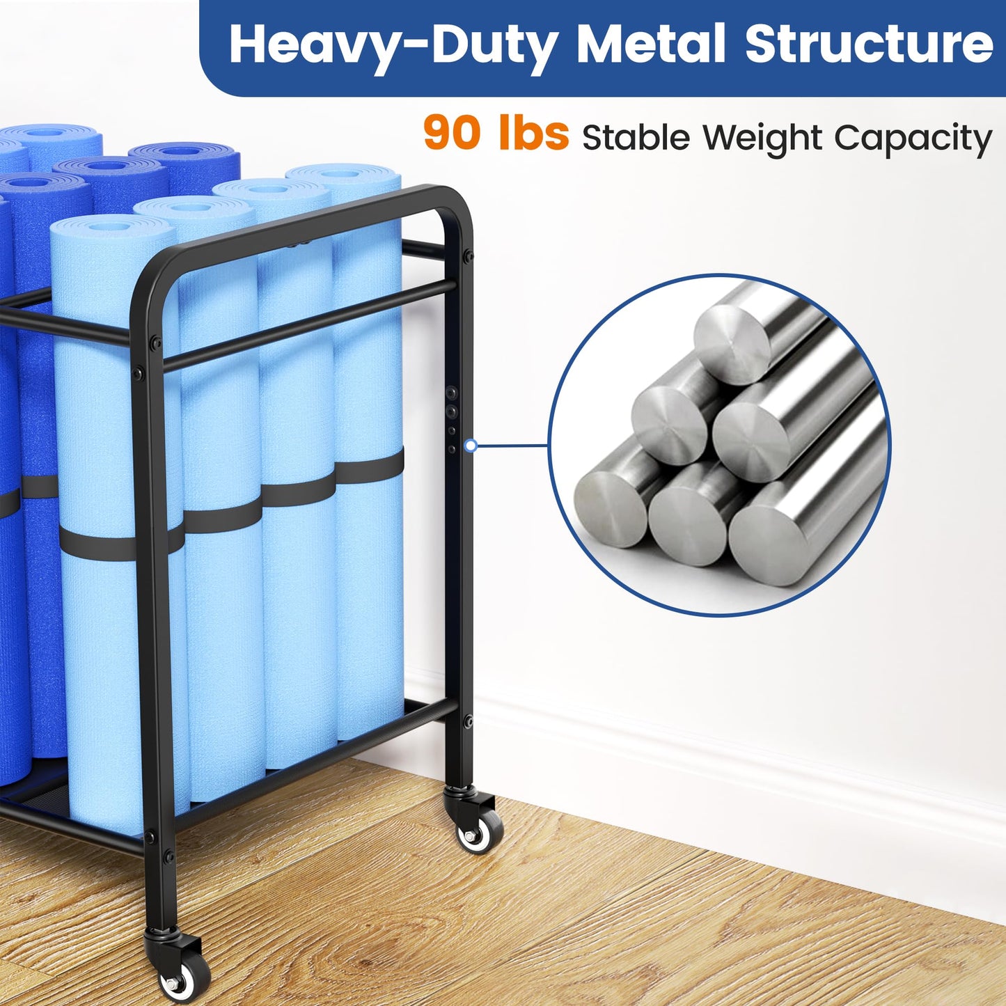 Black Yoga Mat Storage Rack Basket with Wheels, Floor-Standing Metal Yoga Mat Cart Workout Equipment for Foam Roller Dumbbells Kettlebells,in Gym,Fitness Classes, Yoga Studio & Home Gym
