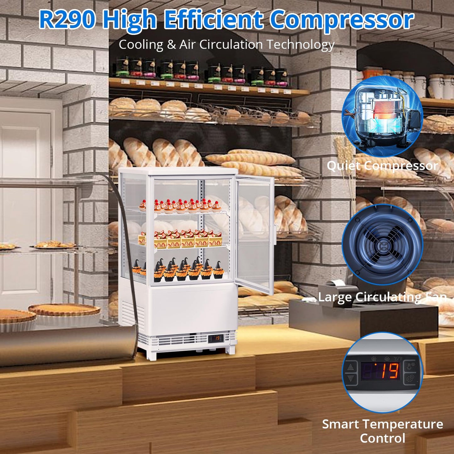 2.1 Cu.Ft. Commercial Bakery Display Refrigerator, Countertop Refrigerated Case, Display Fridge, Single Door, Merchandiser Beverage Cooler, 3 Layers, LED, Adjustable Shelves, Restaurants, Bars, Shops