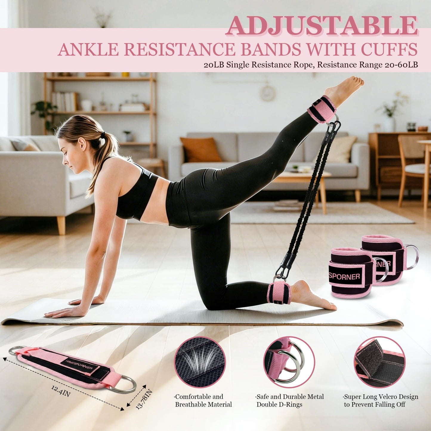 HIMSPORNER Adjustable Pedal Resistance Band with Handle, Ankle Resistance Bands with Cuffs, Figure 8 Resistance Band, Exercise Equipment for Waist, Arm, Core/ABS, Leg, Physical Therapy, Yoga, Pilates