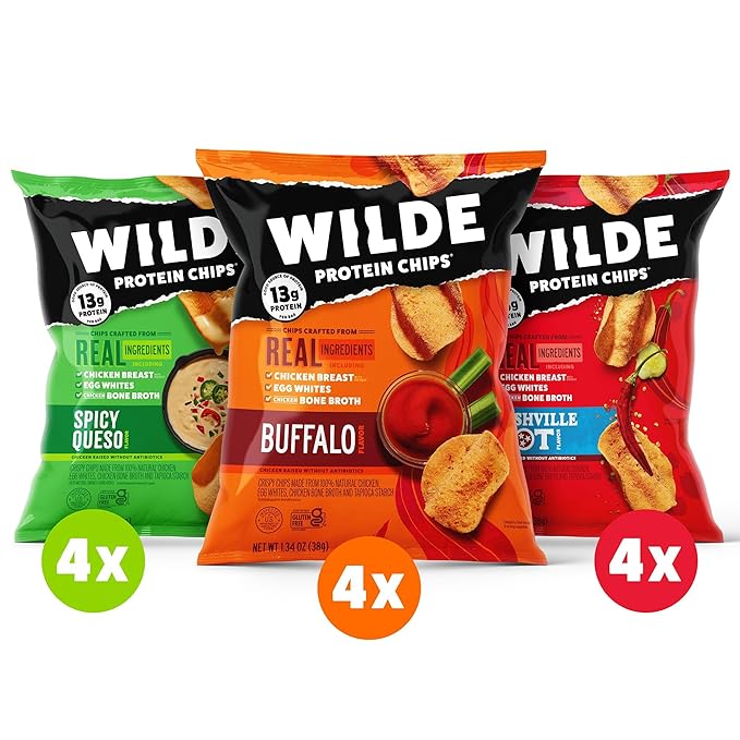 WILDE Protein Chips Spicy Variety Pack, Buffalo, Spicy Queso, Nashville Hot, Gluten Free Keto Chips Made With Real Ingredients, Protein Snacks, Pack of 12