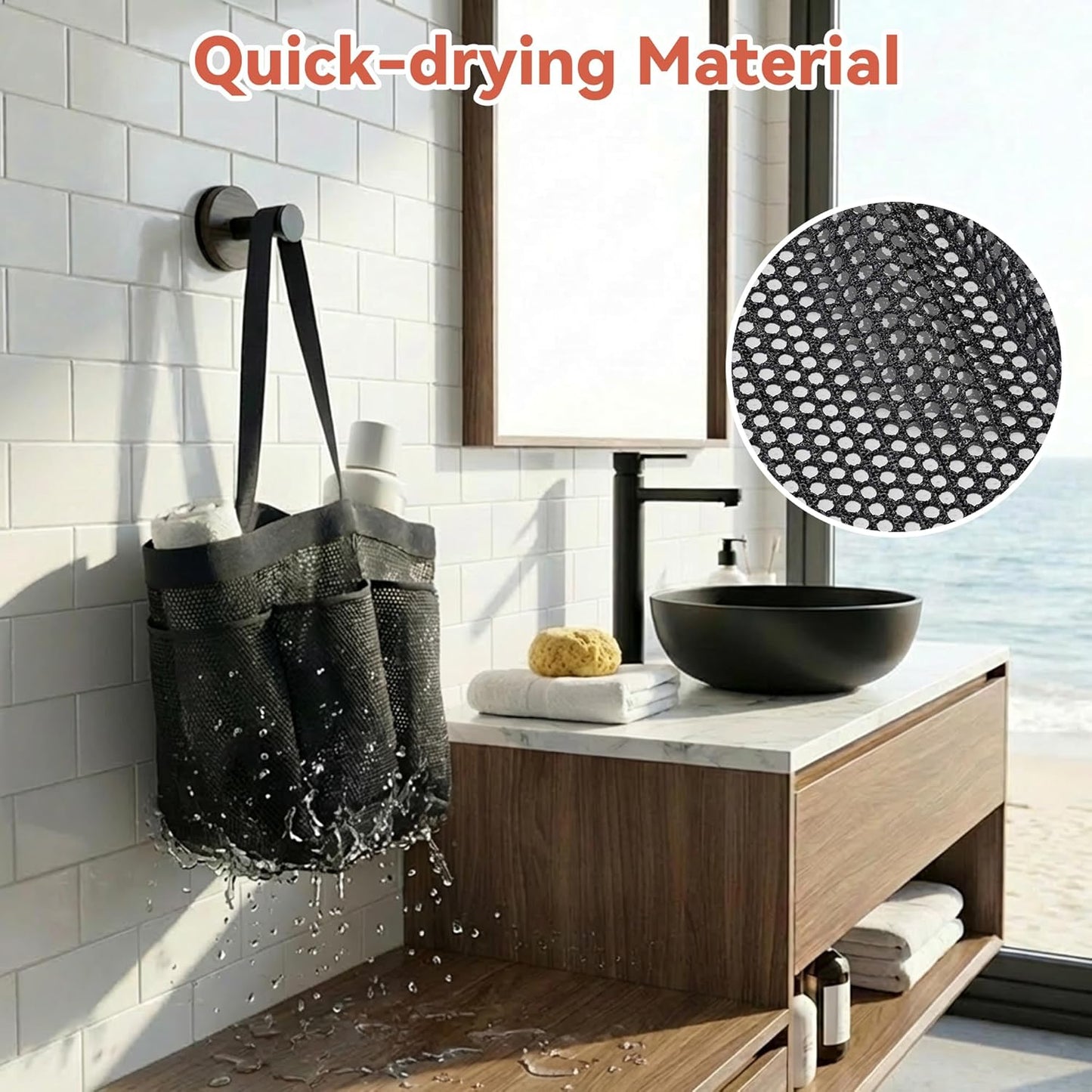 YASONIC Portable Mesh Shower Caddy - 8 Pocket Hanging Organizer for College Dorm Essentials | Black