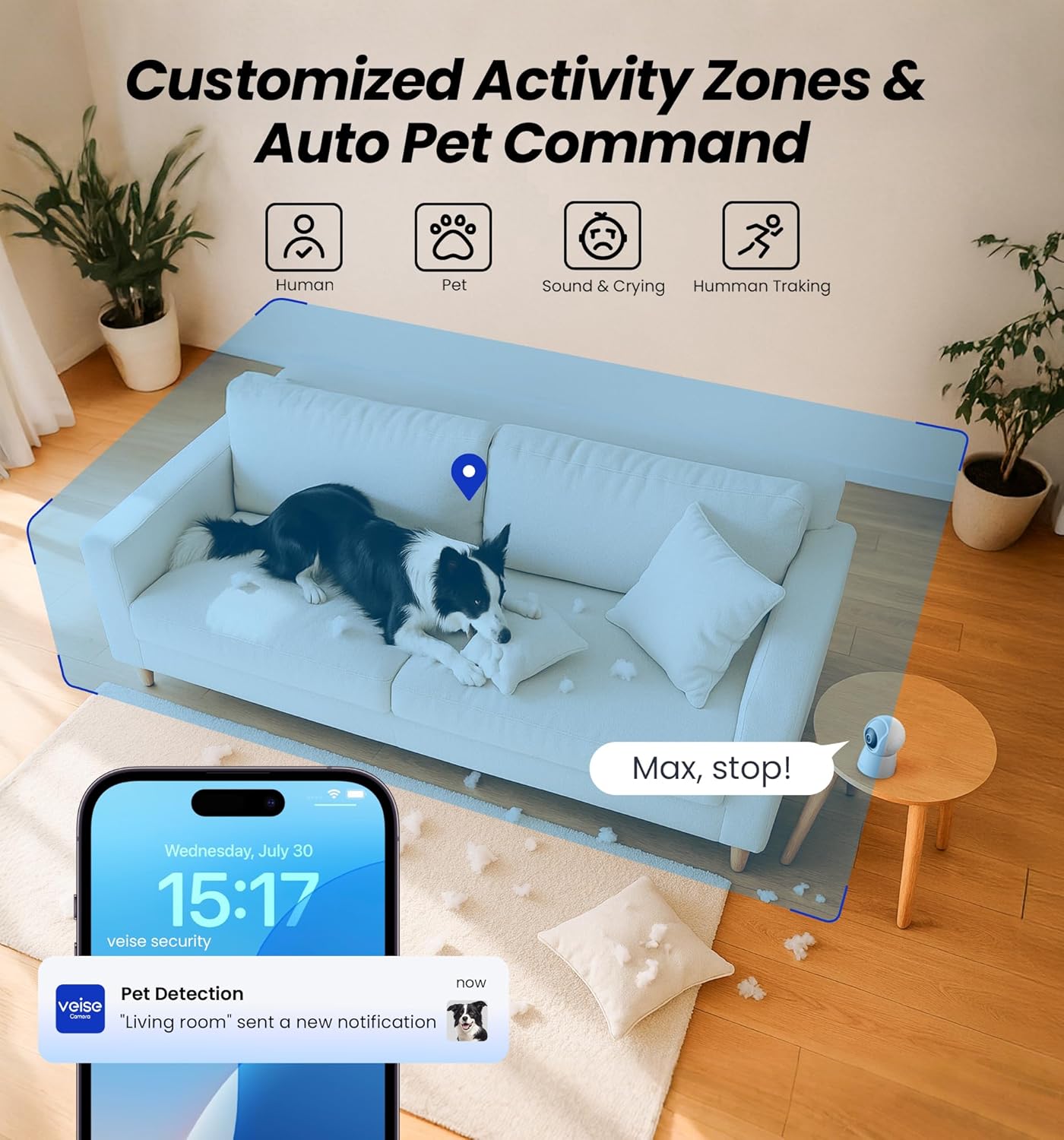 Veise 2K 360 2-Way 2.4GHz Indoor Camera for Home Security, Wireless WiFi Pet & Baby Monitor with Phone App, AI Motion