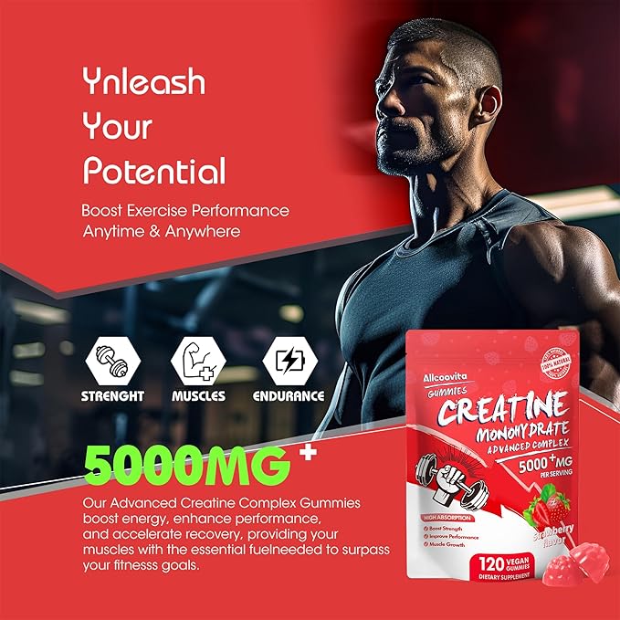 Creatine Monohydrate Gummies Complex for Men & Women,5 Gram per Serving Electrolyte Creatine Gummy for Muscle Strength, Muscle Builder, Energy Boost, Pre-Workout Supplement-120 Strawberry Gummies