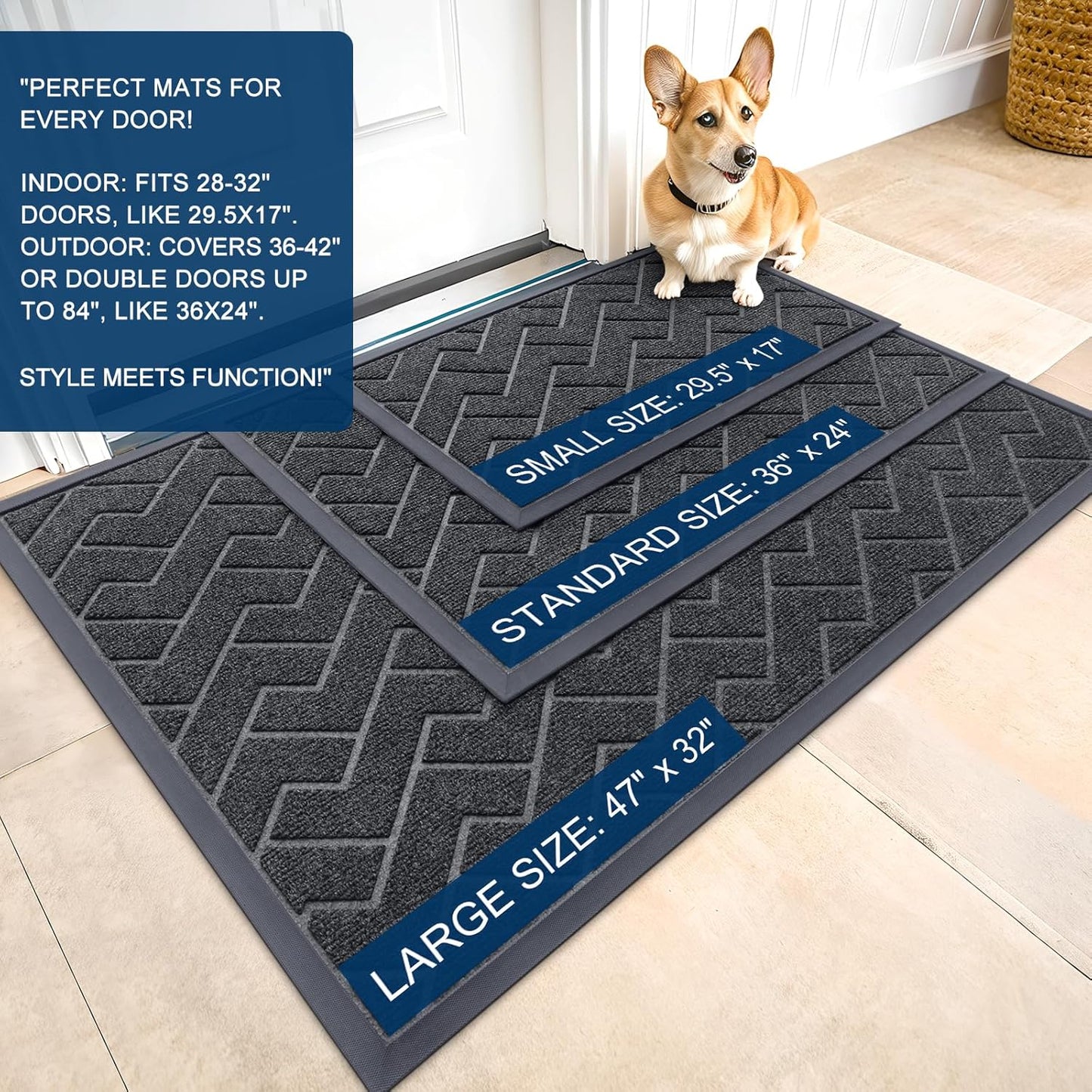 OLANLY Indoor Outdoor Front Door Mat - Waterproof All-Season Herringbone Design, Easy Clean | Grey 71x23