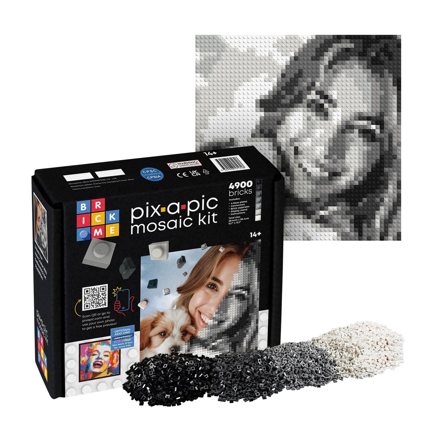 BRICK ME Pix-a-Pic Mosaic Kit, 4900 Bricks (15.1″ × 15.1″) | DIY Pixel Photo Mosaic with Shades of Gray, Black & White | Includes 4 Baseplates, Connector & Brick Separator