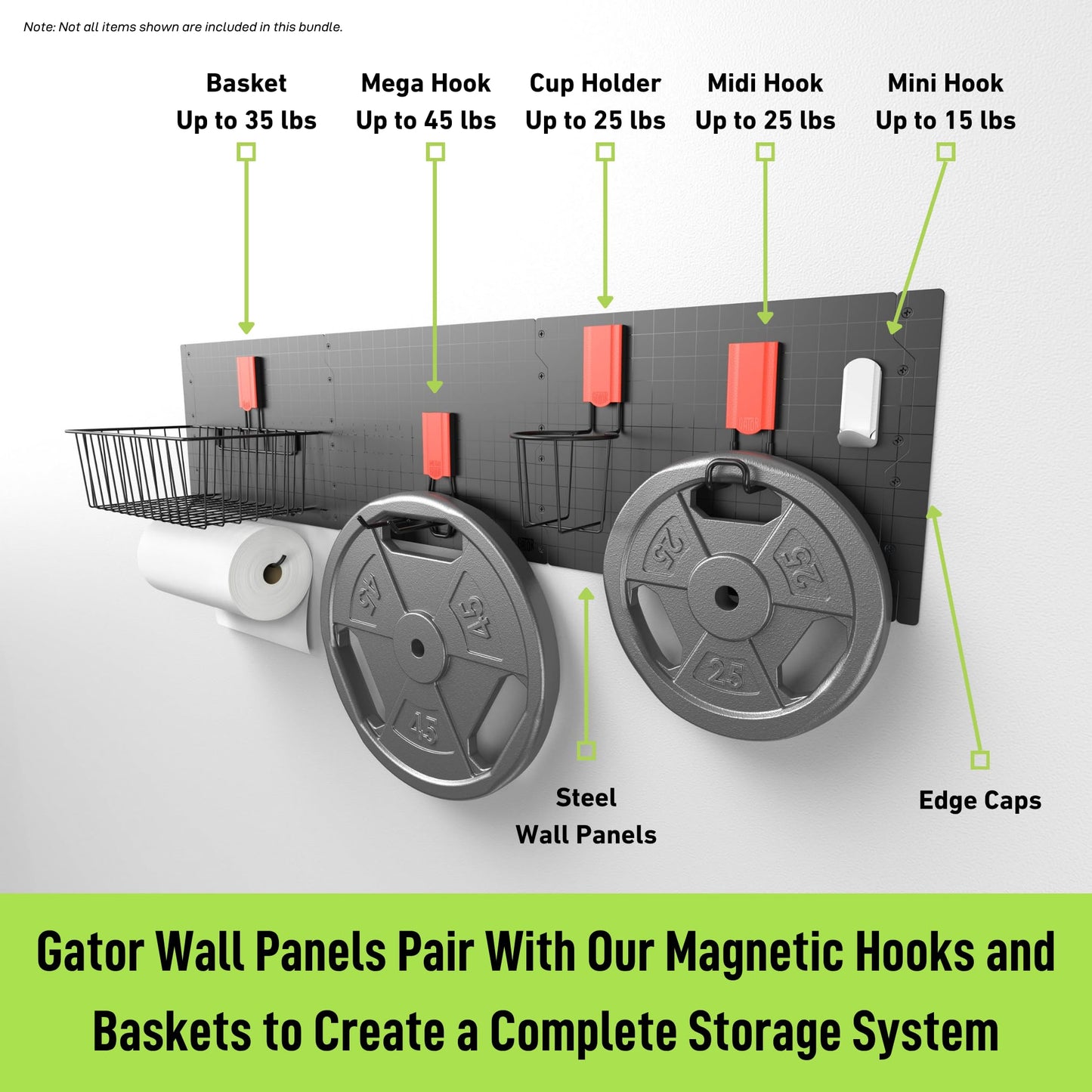 Gator Magnetics Wall Storage & Organization Kit – Includes (3) 16.75" x 12" Steel Wall Panels, (6) 25 lb Magnetic Hooks (2 Open 2.5", 2 Closed 2.5", 2 Open 4"), and Edge Caps – Garage & Home Organizer