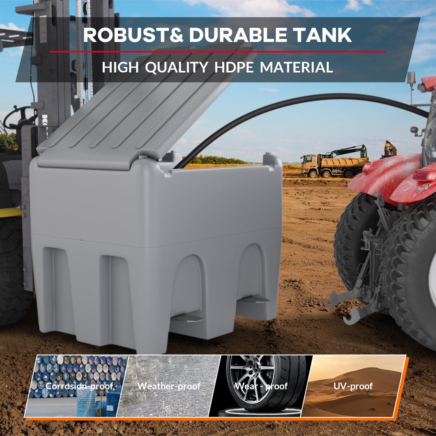 48 Gallon Portable Diesel Fuel Tank with 12V Transfer Pump, 10 GPM Flow, 13.1ft Hose & Auto Shut-Off Nozzle, Heavy-Duty Diesel Transfer Tank for Truck, Generator, Farm & Construction Use - Gray