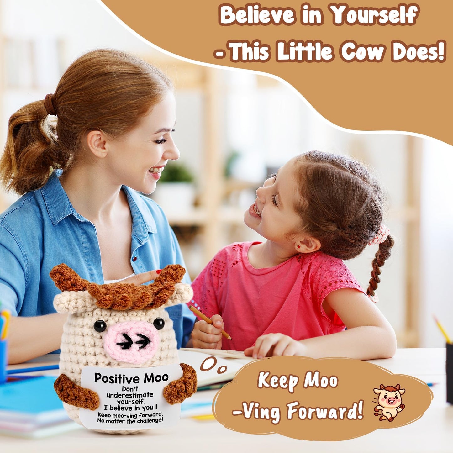 YUEYUQIU Positive Moo Easter Basket Essentials Stuffers for Teens Boy Girl Daughter Son, Easter Gifts for Kids Teenage - Handmade Crochet Cow Emotional Cheer Up Support Birthday Gift for Women Men