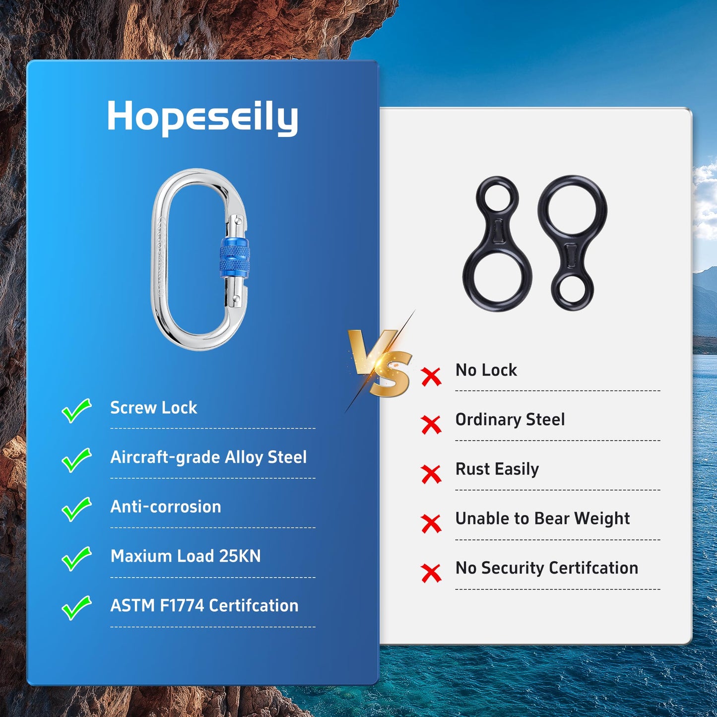Hopeseily Heavy Duty Climbing Carabiner, Rated 25kN(5620lbs), Screw Locking Carabiner Clip, Oval Shape Carabiner for Rappelling, Hammocks, Aerial Work, Rigging, Rescue, Arborist(2pack, Blue)