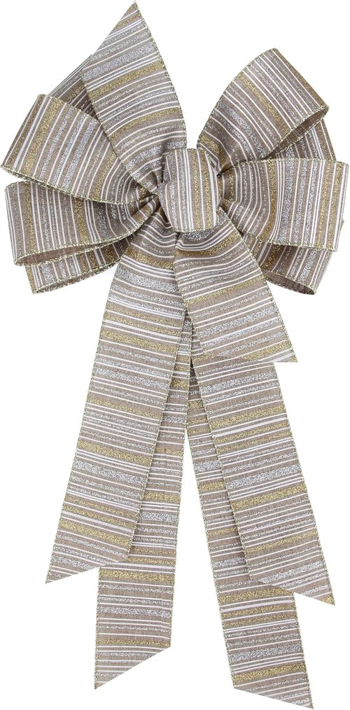Meseey Burlap Ribbon Bow - Large 11 x 20 Inch Gold & Silver Glitter Stripe for Christmas Gifts & Party Decor