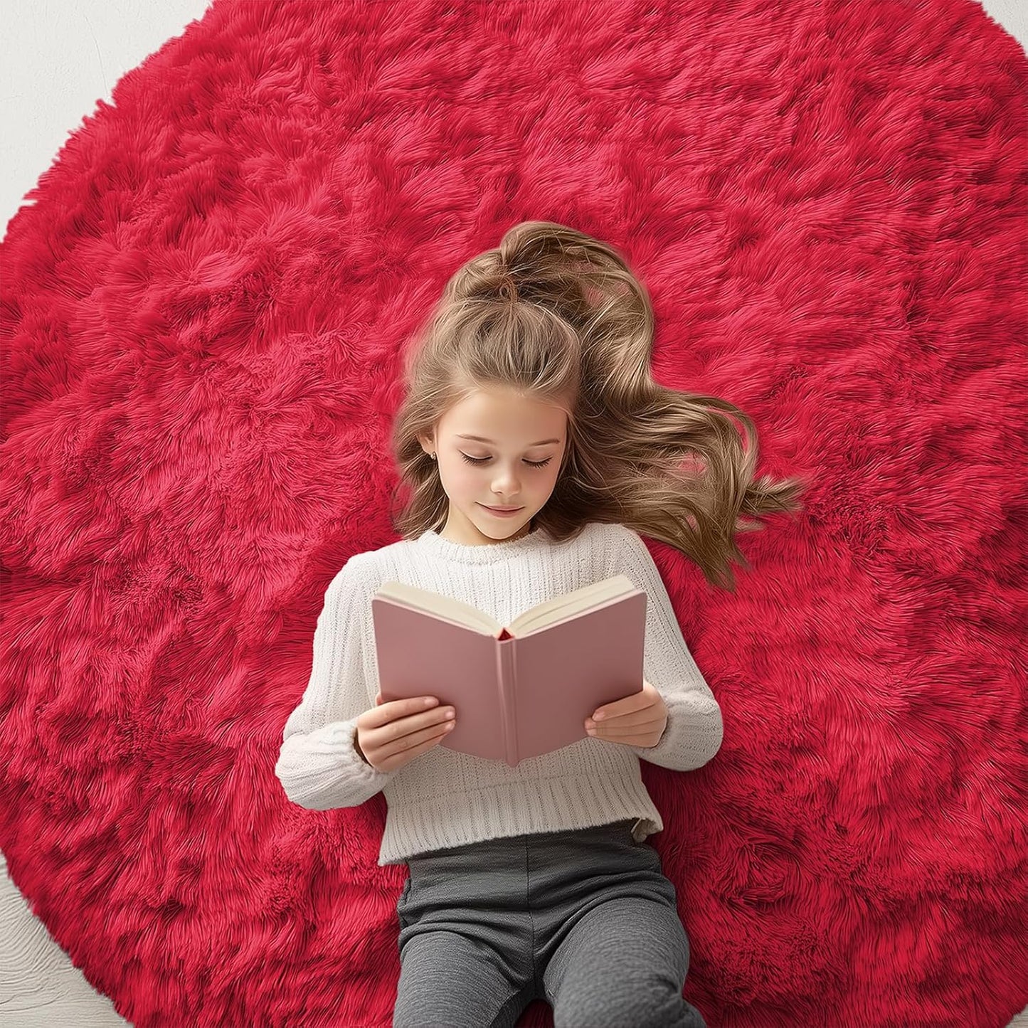 OLANLY Red Round Rug - Soft, Fluffy Shaggy Carpet | 5 ft Machine Washable Area Rug for Bedroom & Living Room