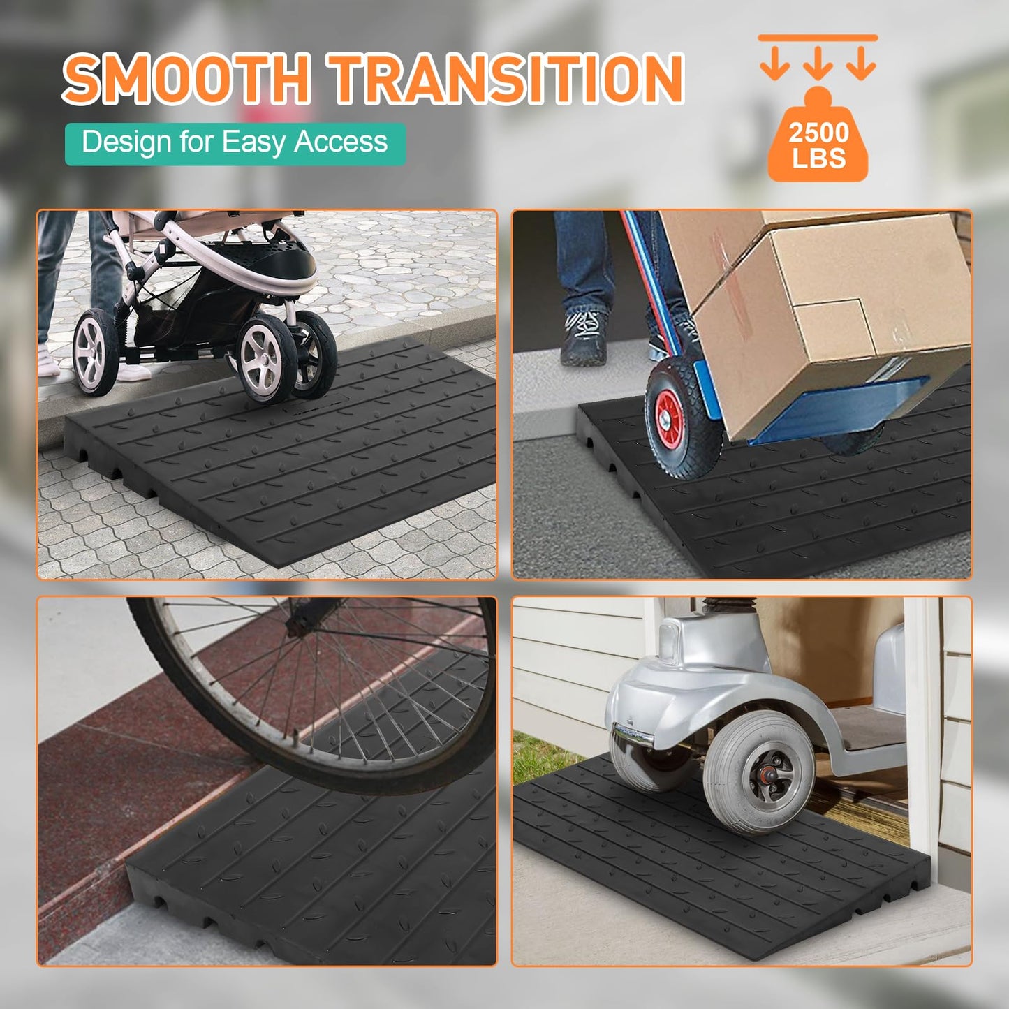 24"x42"x2.5" Rubber Threshold Ramp, 2.5" Rise Portable Wheelchair Ramp, 2500 LBS Capacity for Wheelchairs, Stairs, Steps, Home, Pets, and Doorways, Featuring 3 Channels Cord Cover