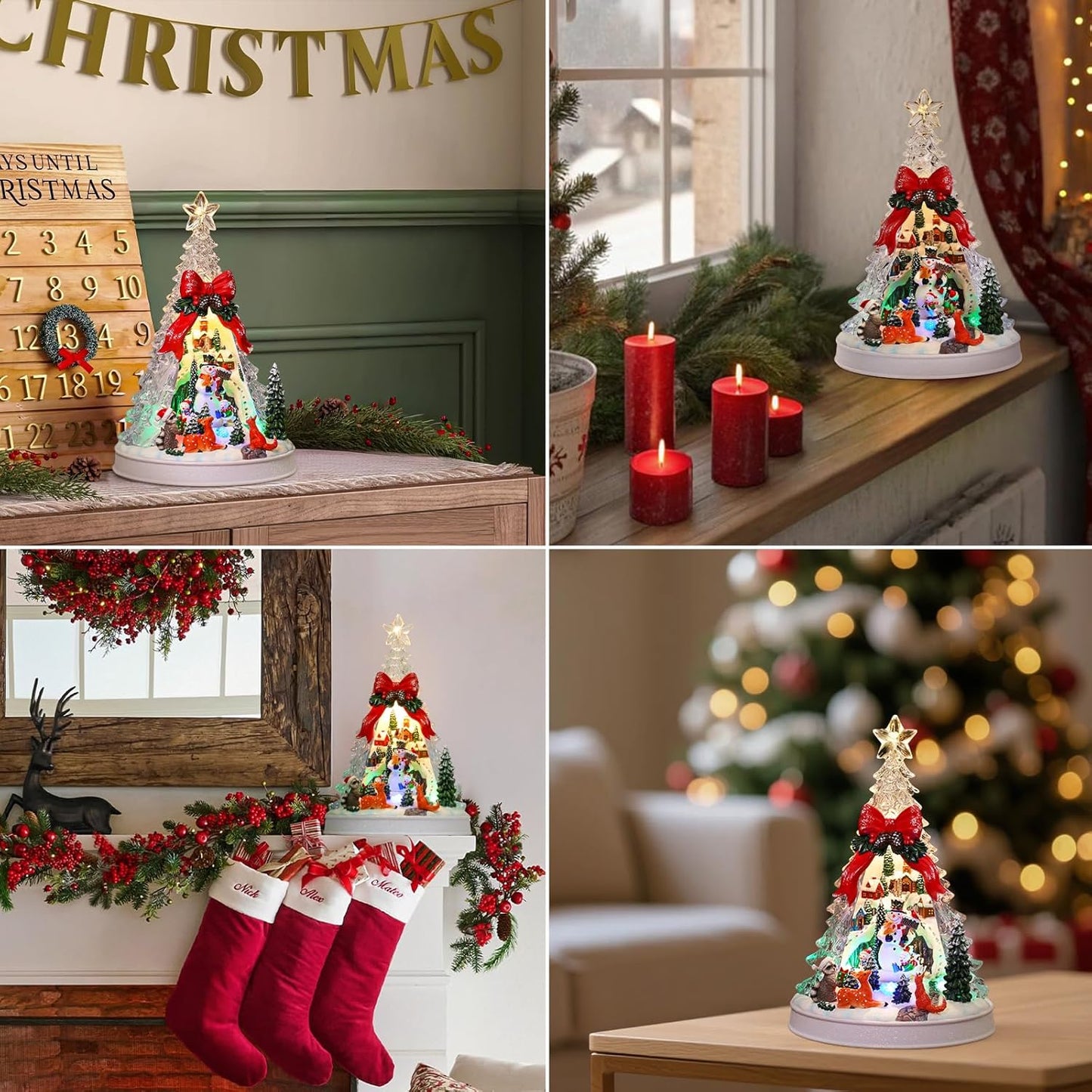 Priddop Christmas Village Scene - Animated Tree with Rotating Snowman & LED Lights | Musical Home Decor