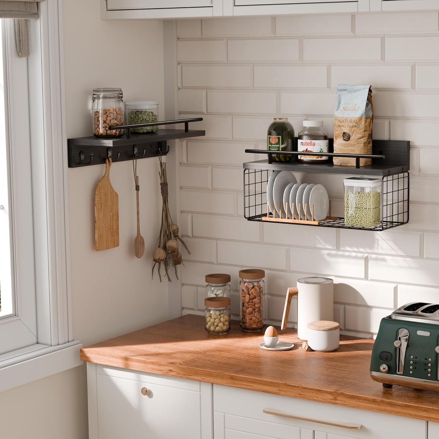 Regine Switzerland Floating Shelves - Black Bathroom Wall Shelves Set of 2 with Basket & Hooks