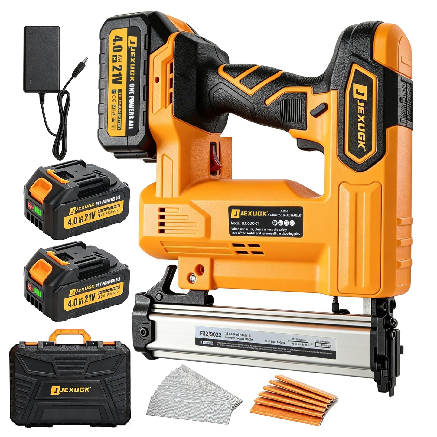 JEXUGK Cordless Brad Nailer, 18 GA Nail Gun Battery Powered with 2 x 4.0Ah Battery, 2 in 1 Electric Nail Gun with 1000 Brad Nails and 1000 Staples, Finish Nailer for Woodworking & Home Improvement