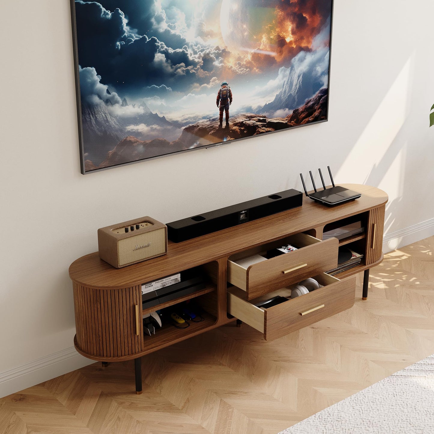 POVISON 78.74" Sliding Tambour Door TV Stand, Fully Assembled Mid Century Modern TV Console, Wood Media Console with Tall-Cast Metal Legs, Entertainment Center with Storage Cabinet for Living Room
