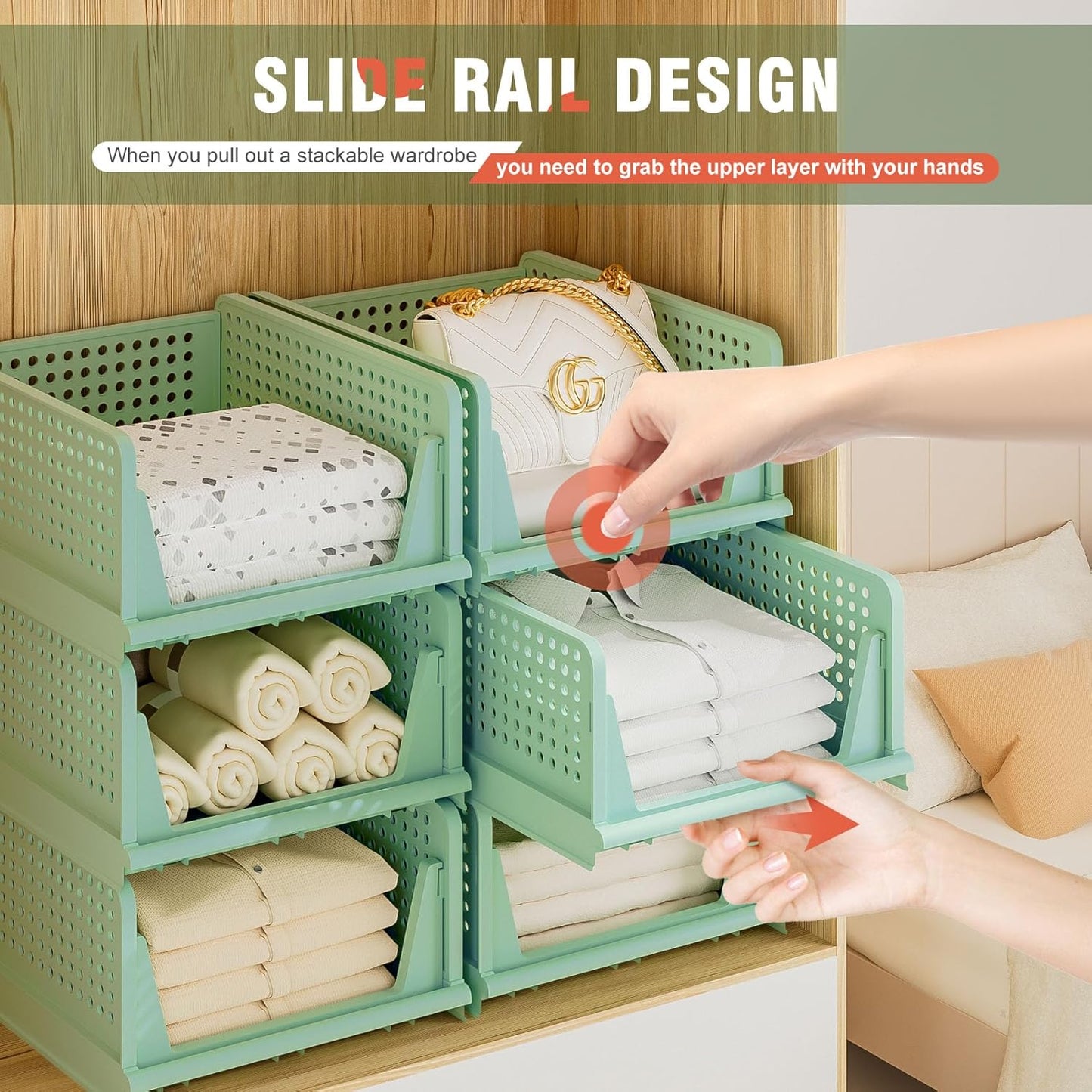 Stackable Plastic Storage Drawers - Closet Organizer with Open Bins for Clothes | 5-Drawer Set in Green