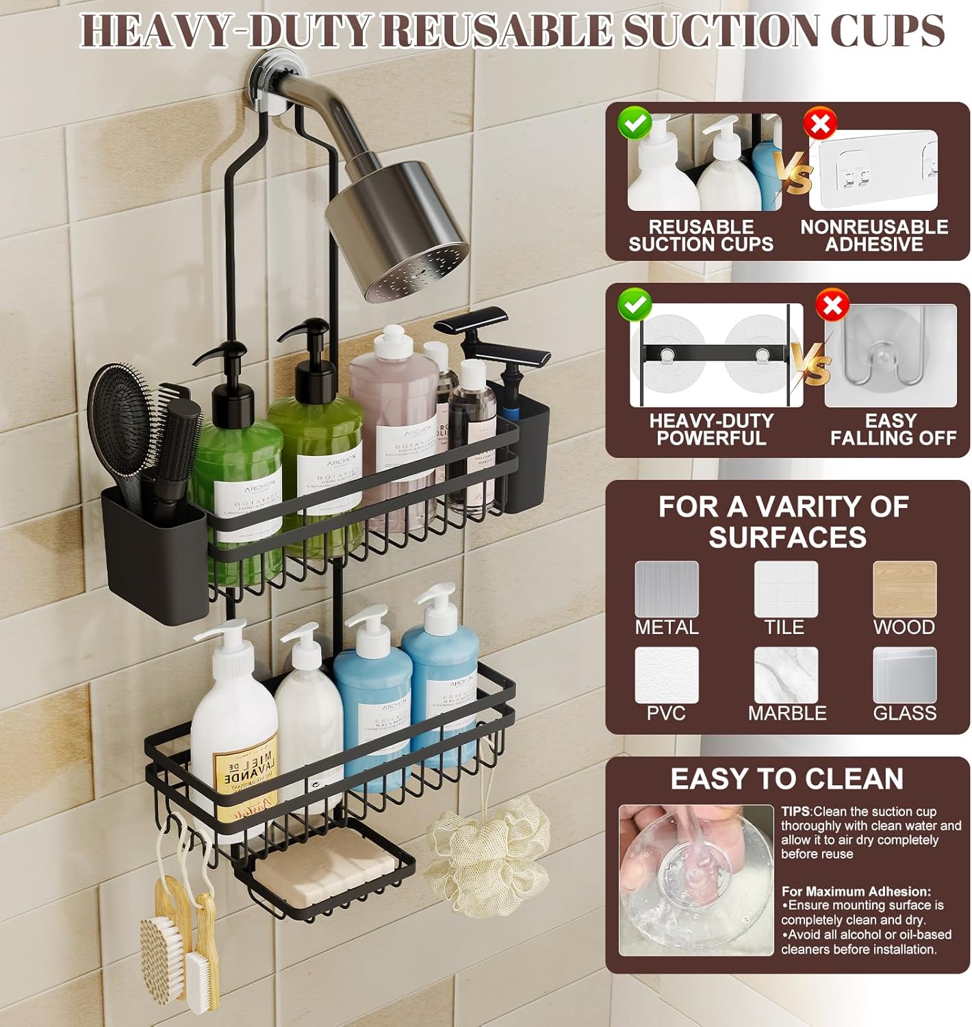 Shower Caddy - 3 Tier Adjustable Bathroom Organizer with Heavy-Duty Suction Cups | Rustproof Black