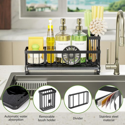 Cisily Extra Large Sink Caddy Organizer - Black Sponge & Dish Brush Holder for Kitchen Storage