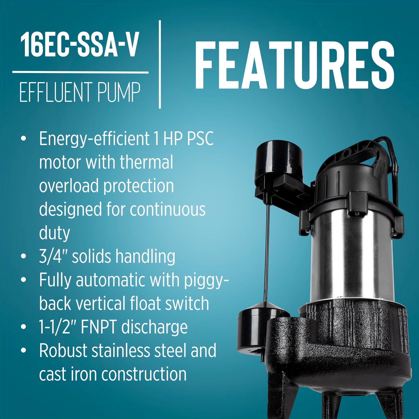 Little Giant 16EC-SSA-V 115 Volt, 1 HP, 4800 GPM Sump or Light Effluent Pump with Piggy-back Vertical Switch, 10-Ft. Cord, Black, 14942785