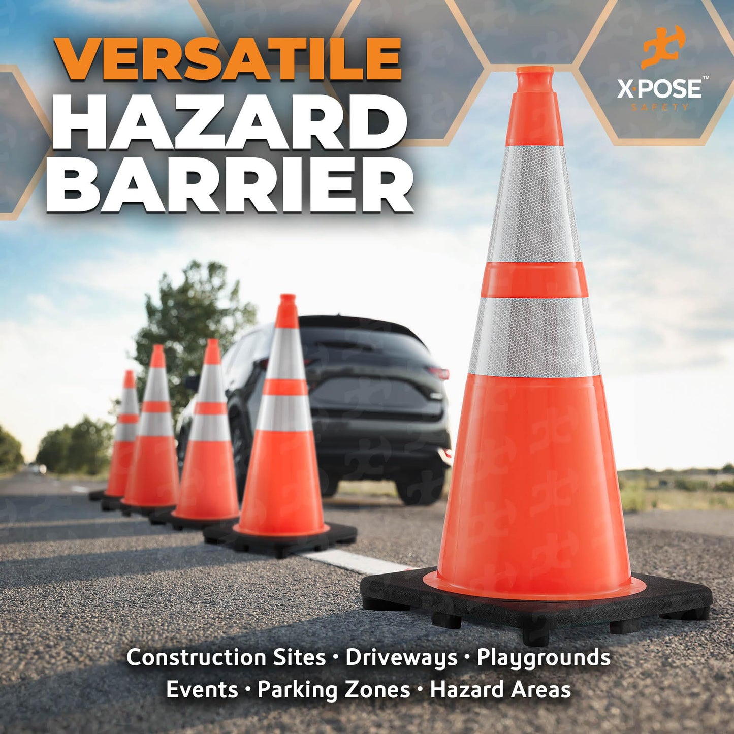 Xpose Safety 28" Orange Traffic Cones, 24-Pack, 6" & 4" Collar – PVC Safety Cones for Parking, Soccer, Construction & Kids – Custom Stenciling Available