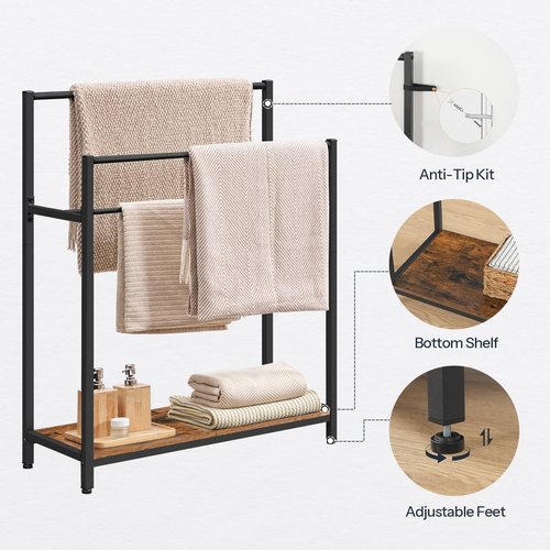 HOOBRO Extra Large Free Standing Towel Rack, 3 Tier Blanket Rack, Blanket Holder for Bathroom, 32.3" L x 11.4" W x 39.4" H, for Living Room, Bedroom, Rustic Brown and Black BF30LB01