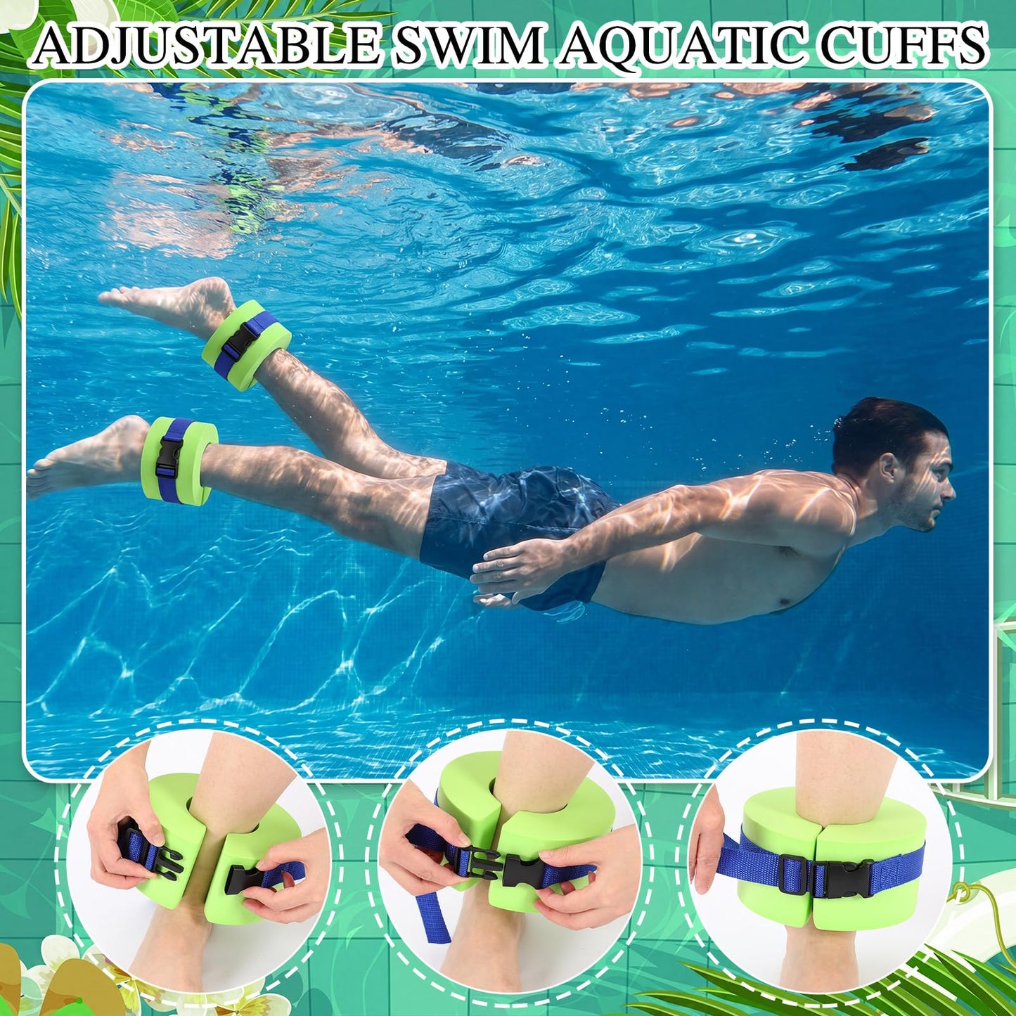 Teyva Daily 7 Pcs Aquatic Exercise Set Water Aerobics Set Including 2 Ankle/Wrist Weights for Land or Water 2 Exercise Foam Dumbbells Cuffs Large Mesh Beach Bag for Pool Weight Loss (Green)