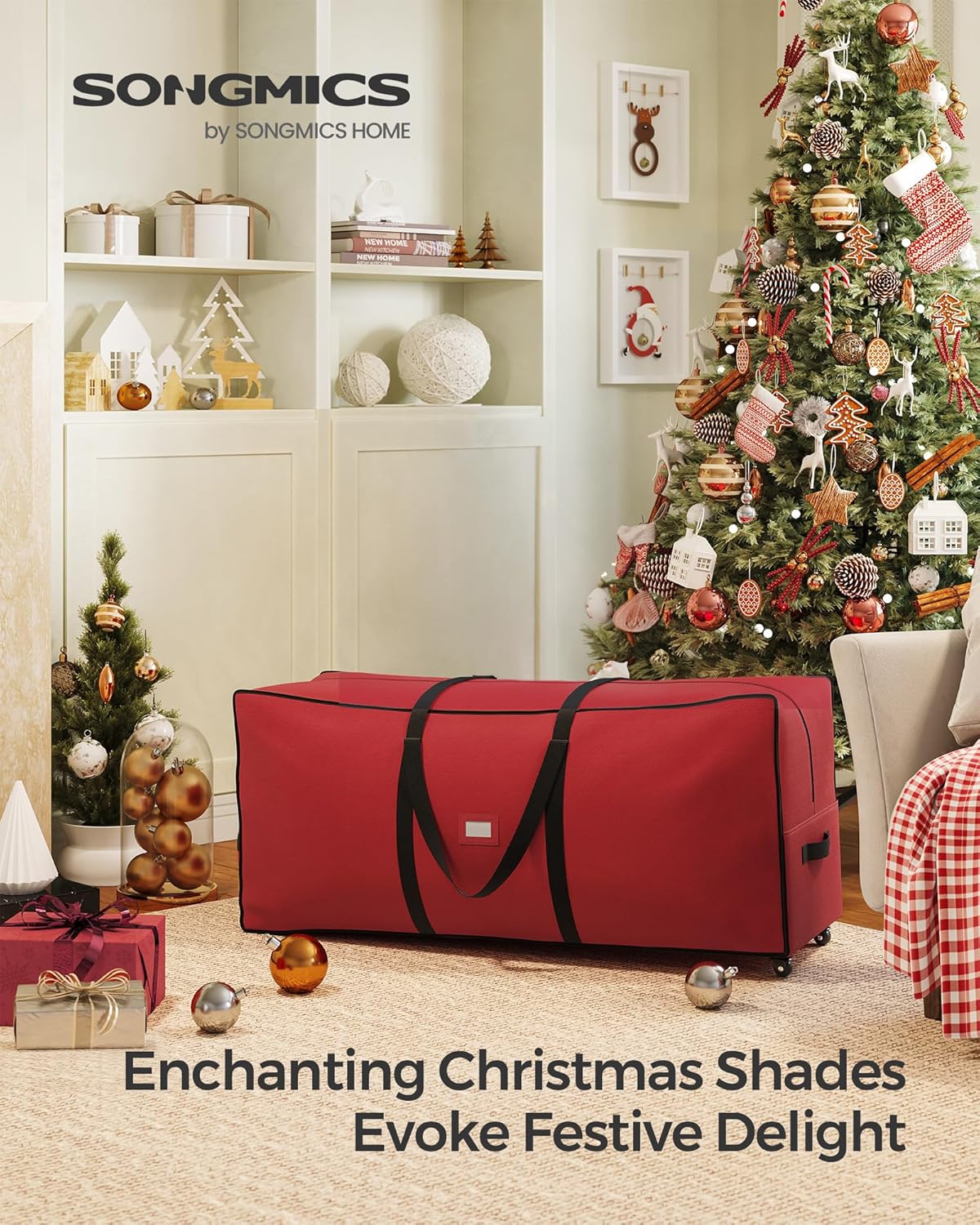 SONGMICS Christmas Tree Storage Bag - Rolling Design with 1.6-Inch Wheels, Fits Up to 7.5 ft Trees, Cherry Red