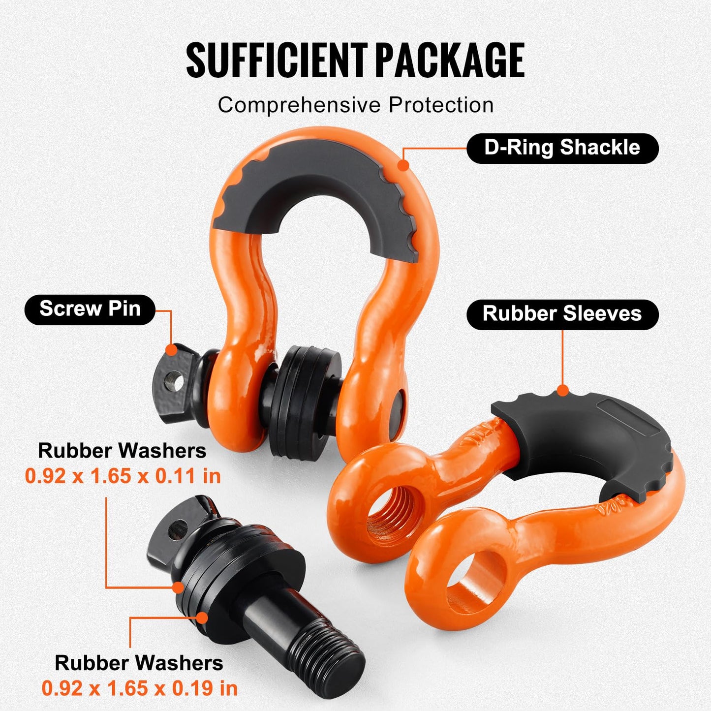 VEVOR 3/4" D Ring Shackle, Orange Shackles for Truck with 7/8” Screw Pin 62832 lbs(28.5 Ton) Break Strength Black Isolator Washers Kit, Winch Towing Shackle for Truck Jeep Heavy Duty Off Road Recovery