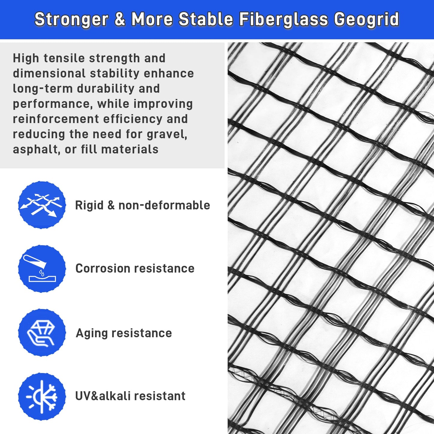Universal Geogrid Roll 3.84ft x 164ft Retaining Wall Fiberglass Geogrid, 50KN Tensile Strength Driveway Ground Gravel Grid with Mounting Screws for Asphalt Pavement and Soil Road Slope Reinforcement