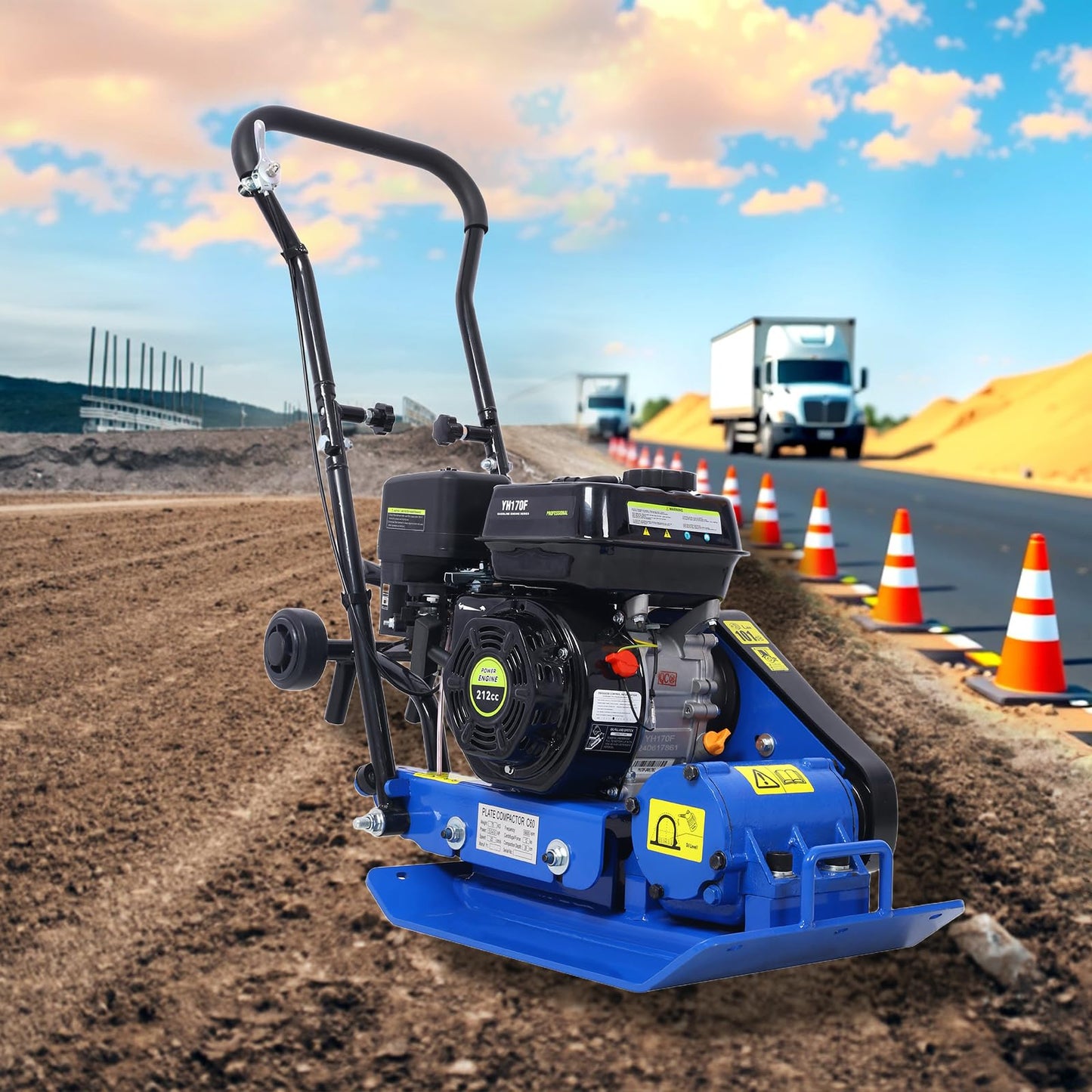 LANTRO JS Plate Compactor, Compactor Machine, 7.0HP 212cc 12000N Force Construction Concrete Tamper Machine Power Paver 20''x 14'' Plate