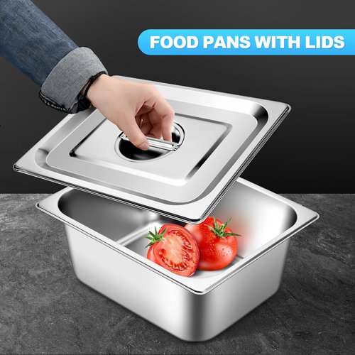 Hotel Pan with Lids 6 Pack 1/4 Size 4" Deep Stainless Steel Steam Table Pan, Commercial Food Pans for Catering Buffet Chafing Dish Pans Metal Steam Tray (1/4 Size x 4 Inch Deep, 6 Pack)