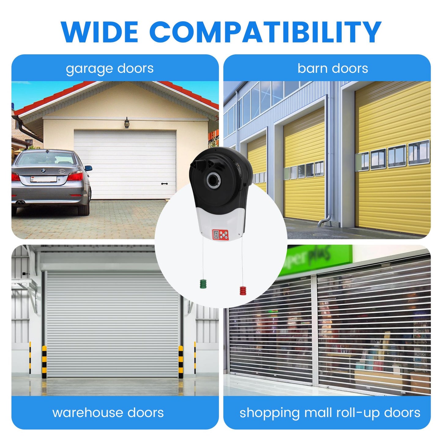 Automatic Roller Door Opener, Roll Up Garage Door Opener with 4 Remotes 800N & Secure Encryption for Garage Warehouse Store & Barn Farm, Wall Mounted